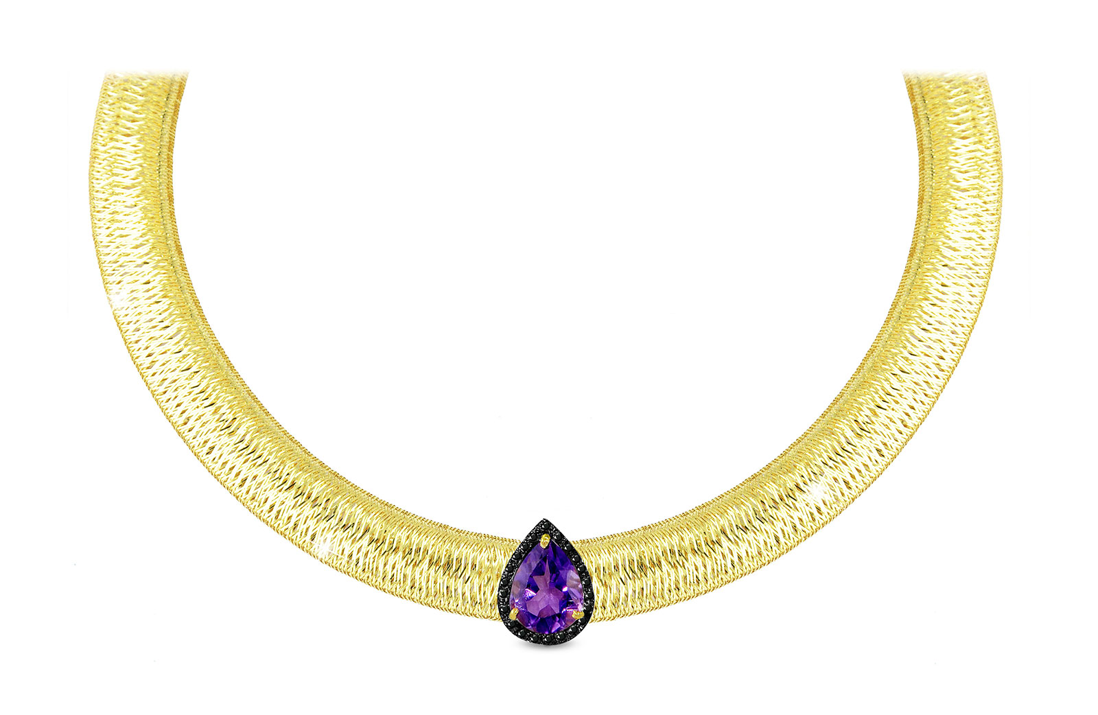 Vera Perla 18K Gold 0.12ct  Black Diamonds, Amethyst  Necklace